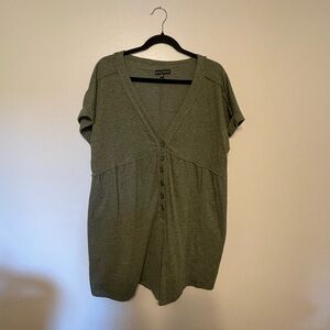 Miou muse romper, v neck, button up, olive green, size large